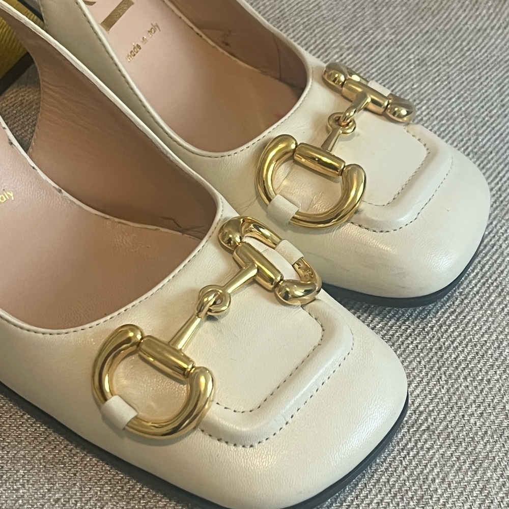 Gucci Cream Slingback Heel Shoes with Gold Horsebit Accents - Picture 7 of 7